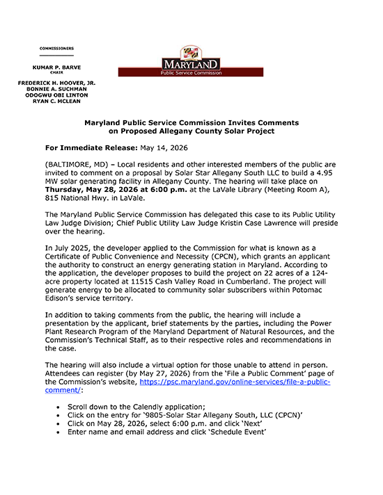 May 28, 2026 Allegany County Solar Project Public Hearing Press Release - Click to Open Full Document as PDF
