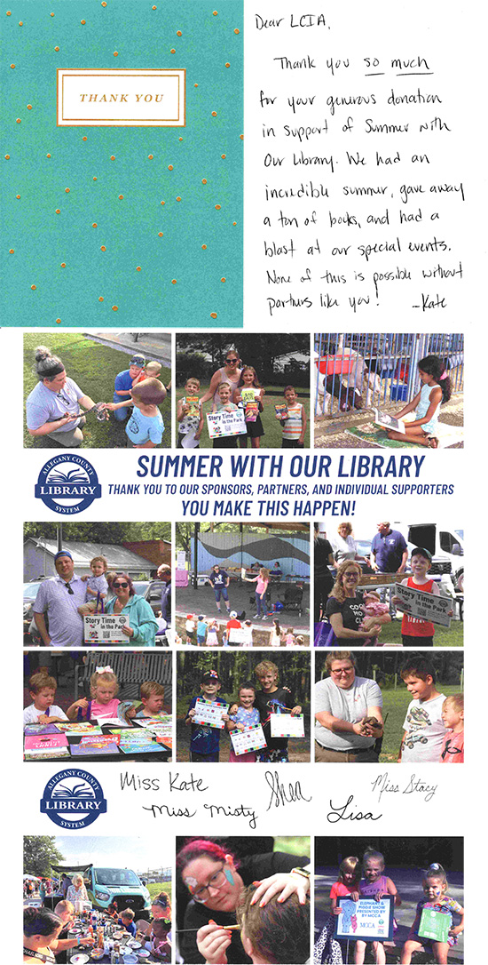 Letter of Appreciation from Allegany County Library System 'Summer With Our Library' Program